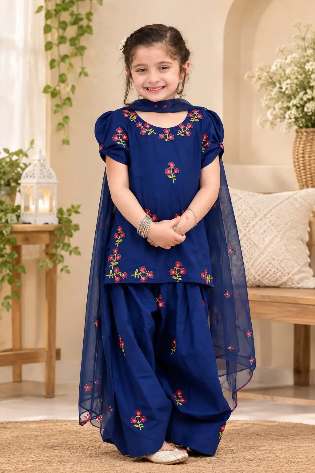 3 Pcs Girl's Dhanak Embroidered Unstitched Suit - Image 2