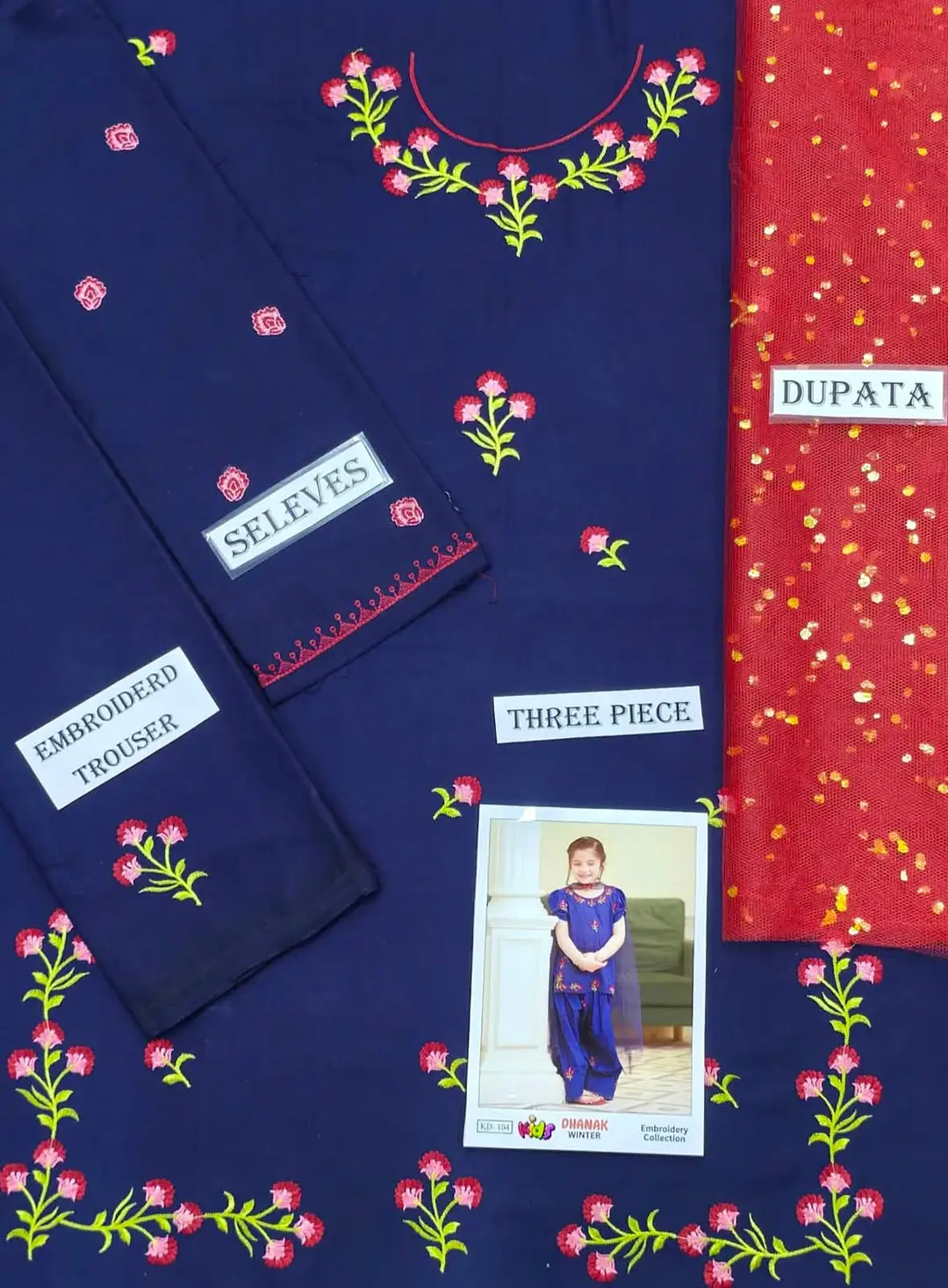 3 Pcs Girl's Dhanak Embroidered Unstitched Suit - Image 4