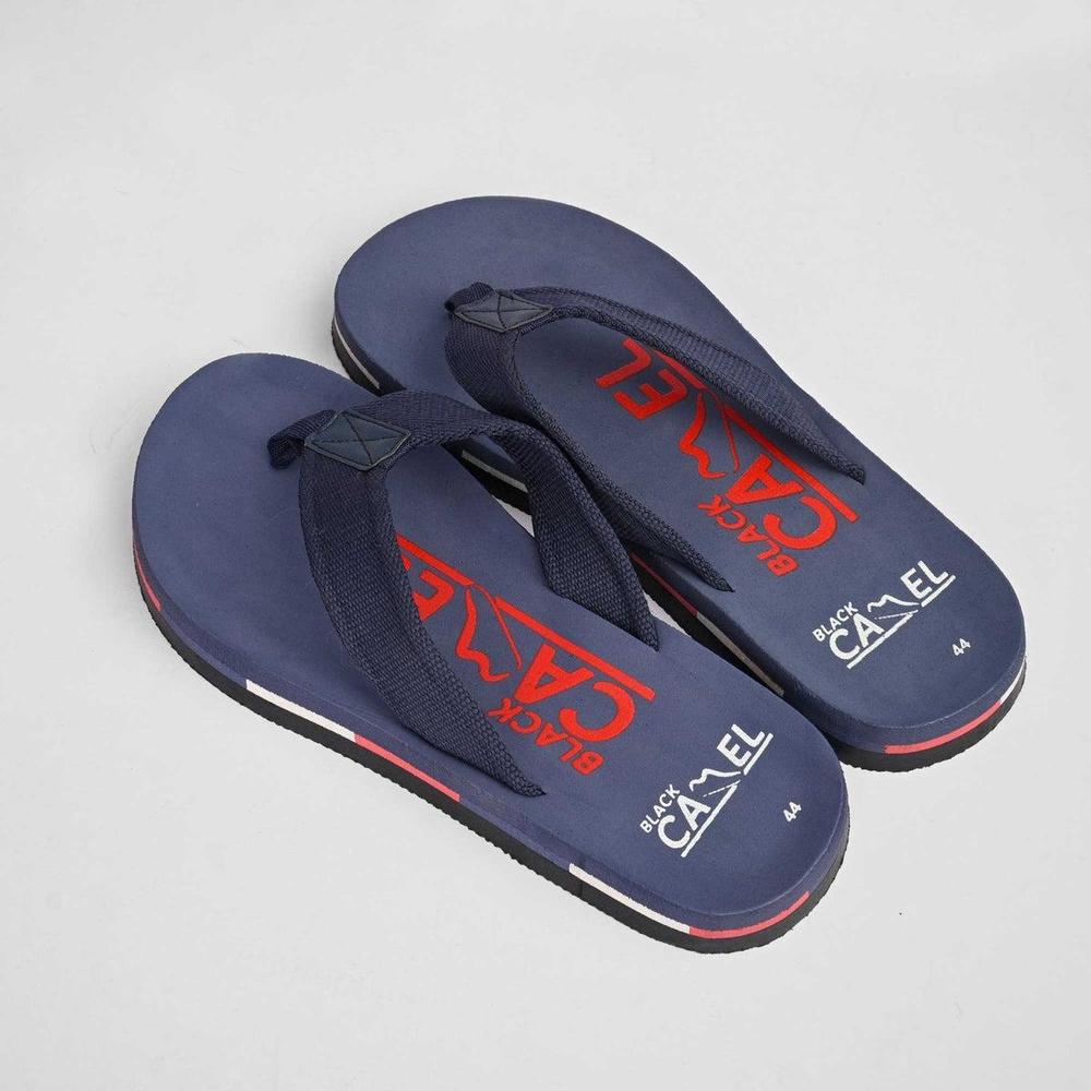 Men Navy Blue Red Printed Flip Flops PU Leather