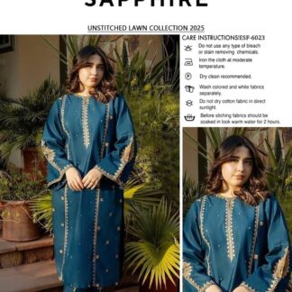 Unstitched Blue Lawn Suit with Golden Embroidery for Women