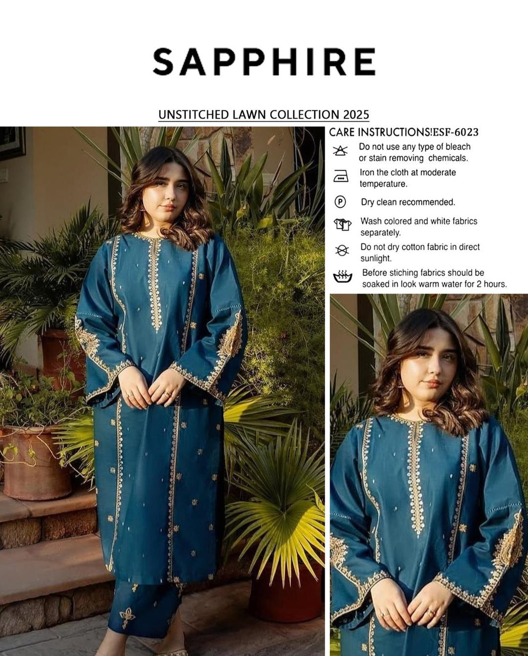 Unstitched Blue Lawn Suit with Golden Embroidery for Women