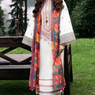 Off White Embroidered Lawn 3Pcs Set