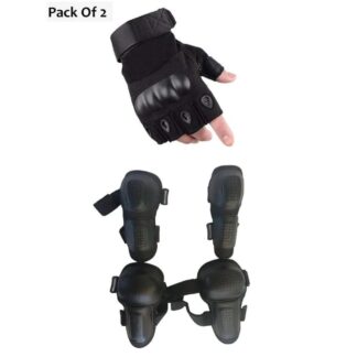 Men PU Nylon Gloves & Pads Black Tactical Set