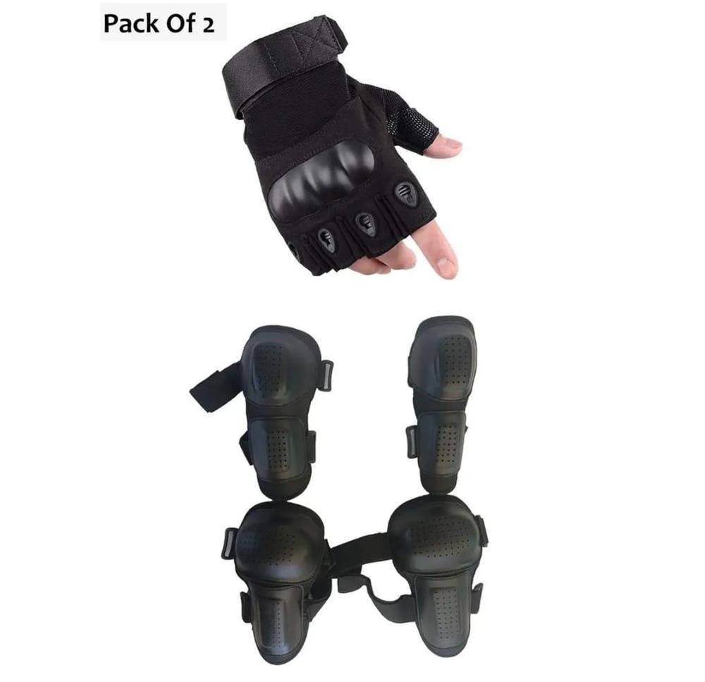 Men PU Nylon Gloves & Pads Black Tactical Set