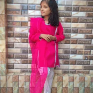 Pink Cotton Kurta Set for Kids with Silver Embroidery