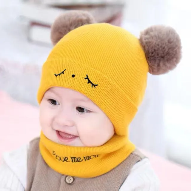 Wool Beanie & Neck Warmer Set Yellow Bear Face