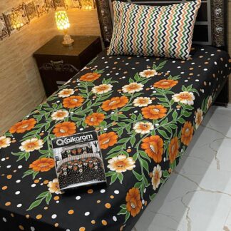 Cotton Printed Single Bedsheet Black Floral 4Pcs