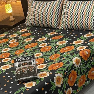 Double Bedsheet Set Cotton Salonica Floral Black Orange White