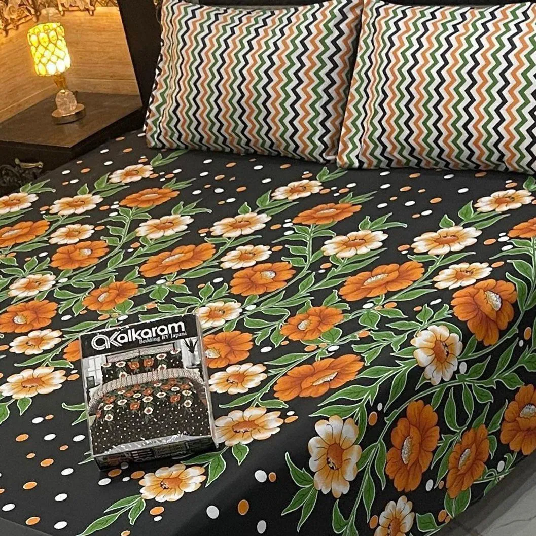 Double Bedsheet Set Cotton Salonica Floral Black Orange White