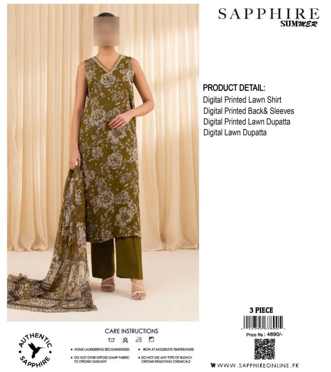 3 Piece Digital Print Lawn Suit Green for Women