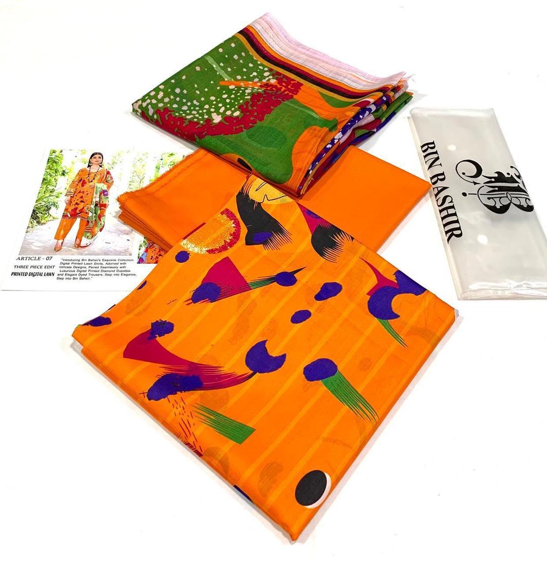 3-Piece Digital Print Lawn Suit for Women Orange