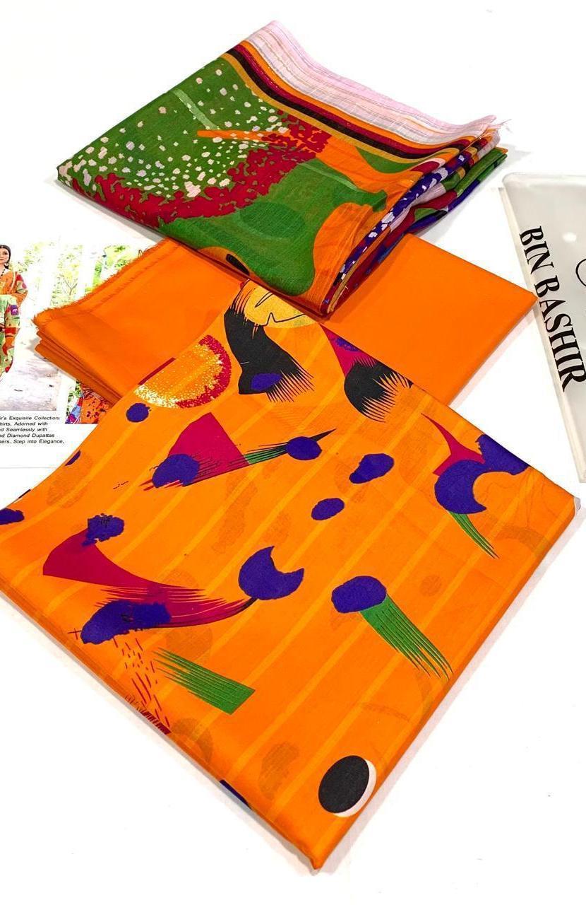 3-Piece Digital Print Lawn Suit for Women Orange - Image 2