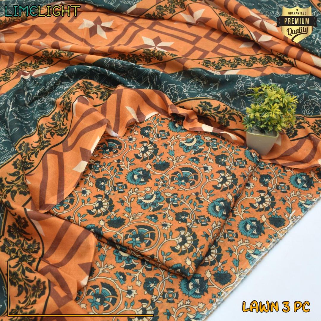 Premium Lawn Suit Set Orange Teal Digital Print 3Pc