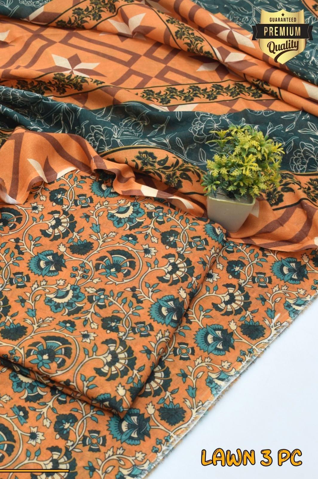 Premium Lawn Suit Set Orange Teal Digital Print 3Pc - Image 2