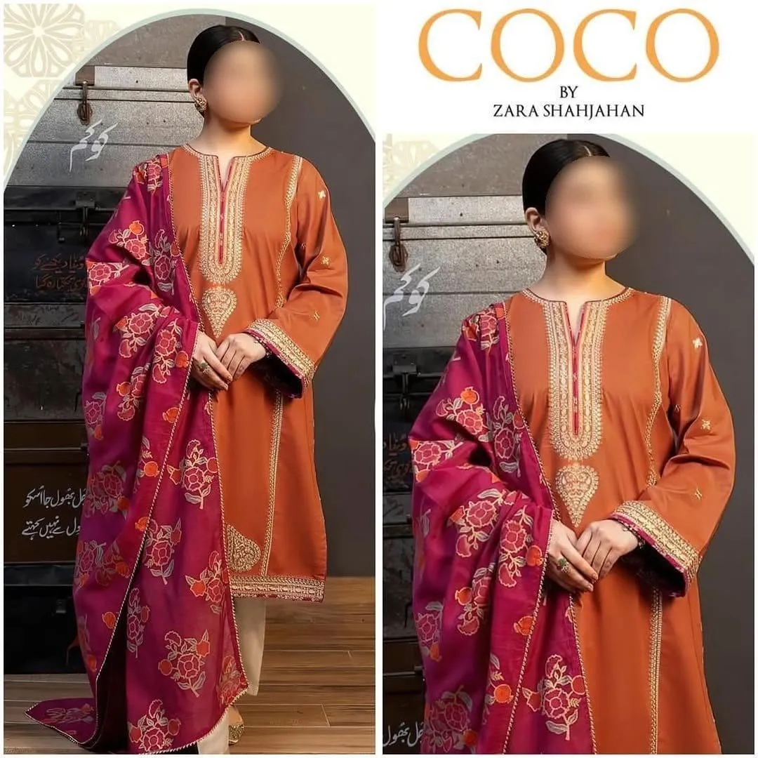 Coco Zara Shahbazan Embroidered Lawn 3Pcs Set Brown