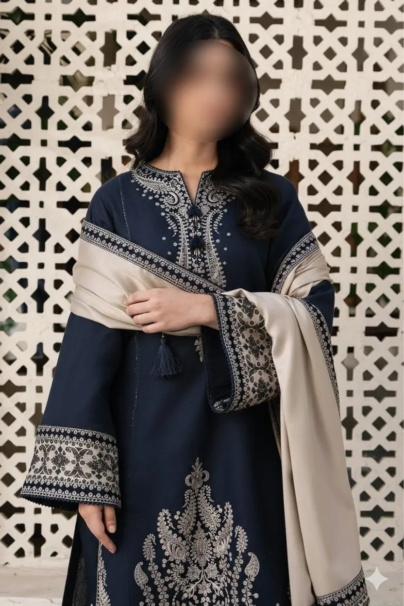 Eid 3-Piece Lawn Suit Silver Embroidery Trousers Dupatta - Image 2