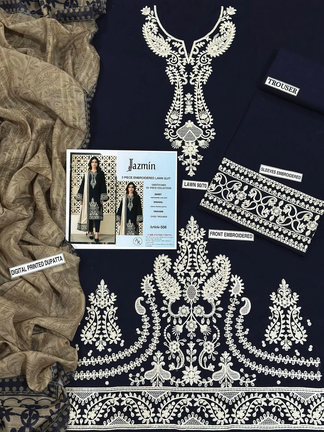 Eid 3-Piece Lawn Suit Silver Embroidery Trousers Dupatta - Image 3