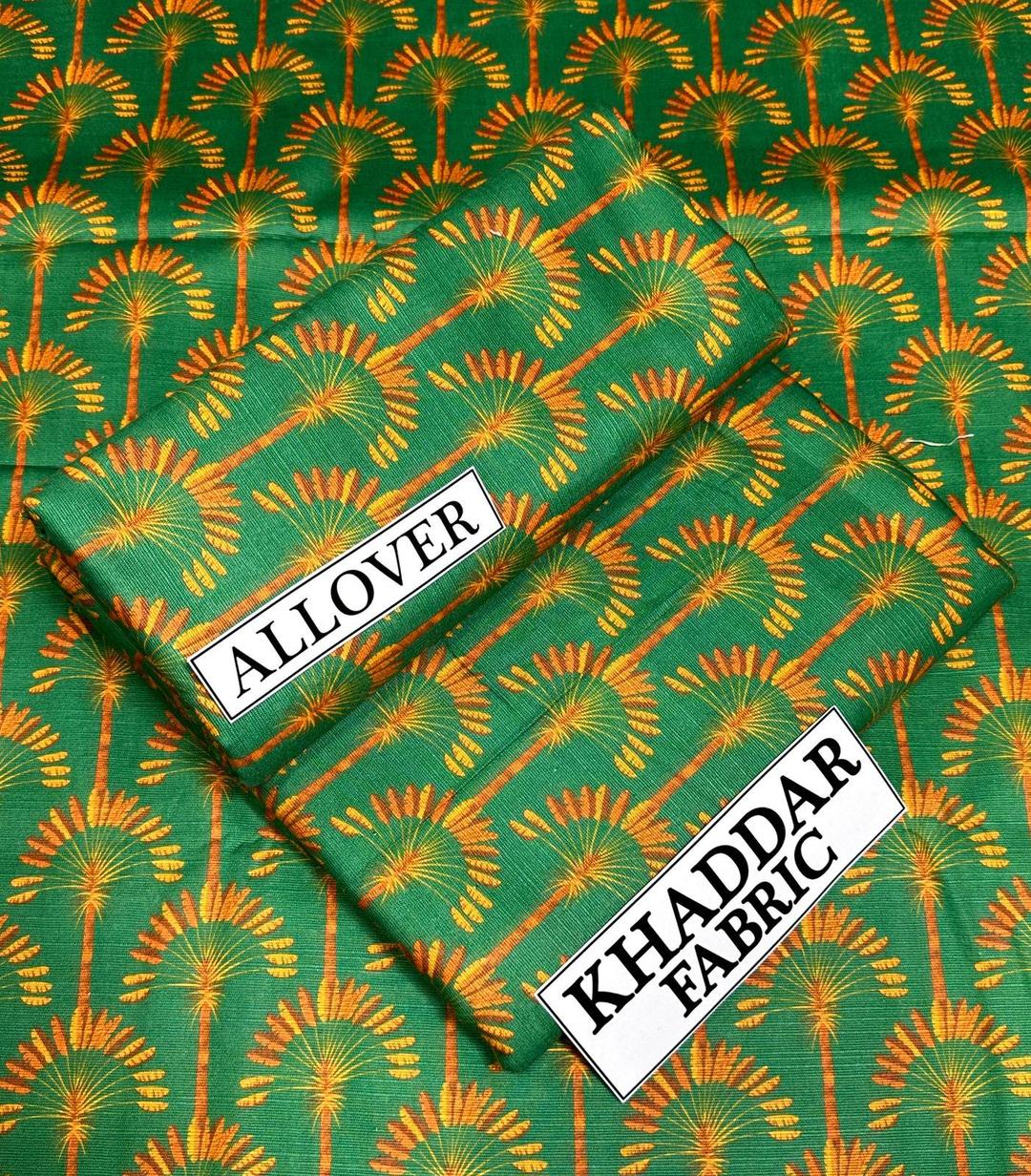 Khaddar Fabric Green Orange Palm Tree Unstitched Suit