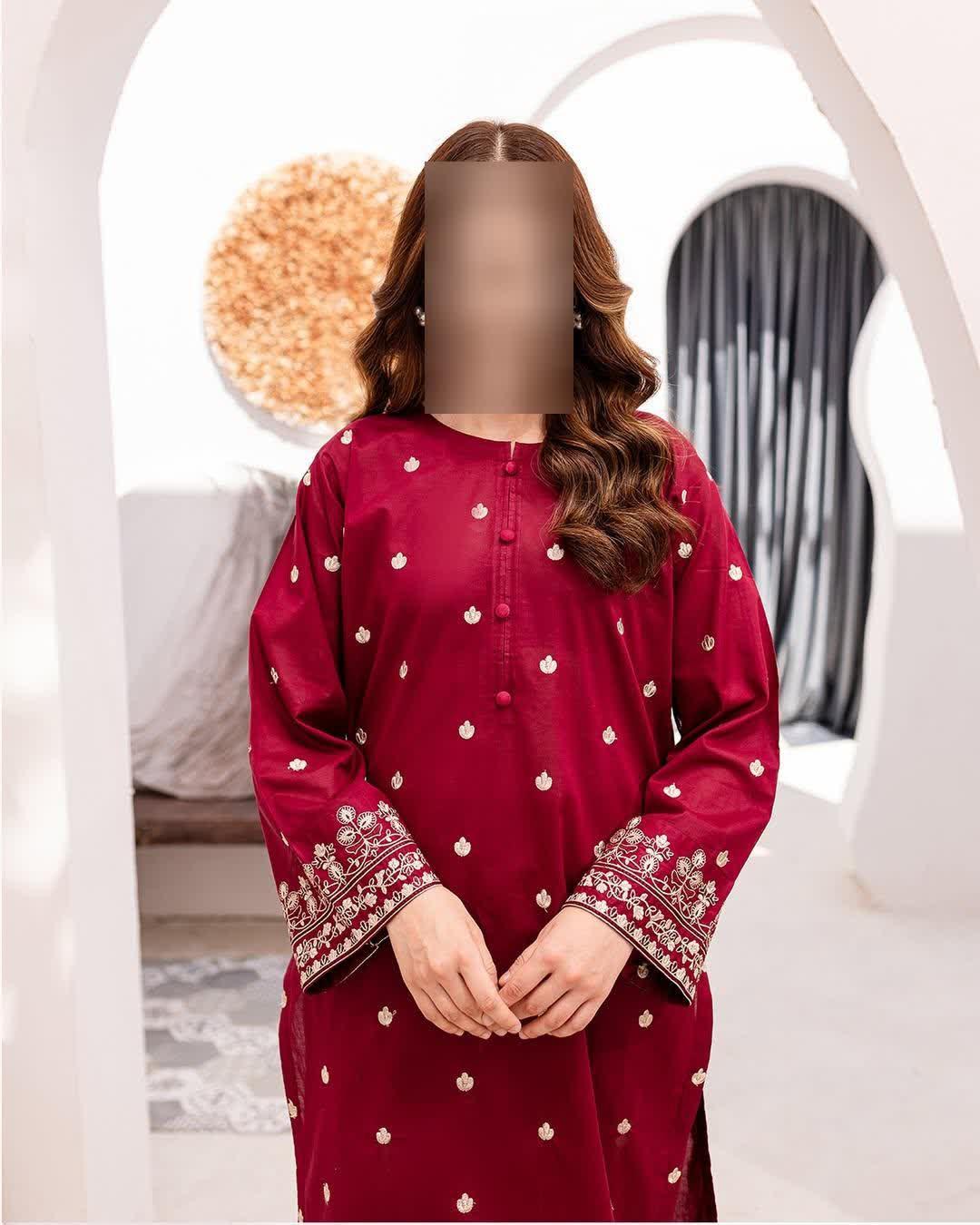 Women Embroidered Lawn Suit Maroon Bakra Eid - Image 2