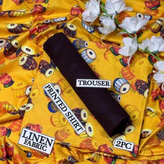 Linen Printed 2Pc Suit Yellow with Drums