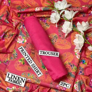 Women Linen Digital Print Suit Red 2.5m Cutting