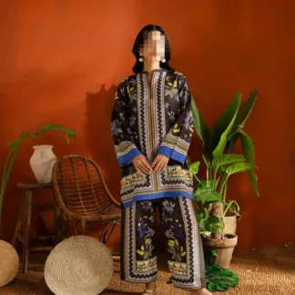 Linen 2-Piece Eid Suit Black Floral Geometric