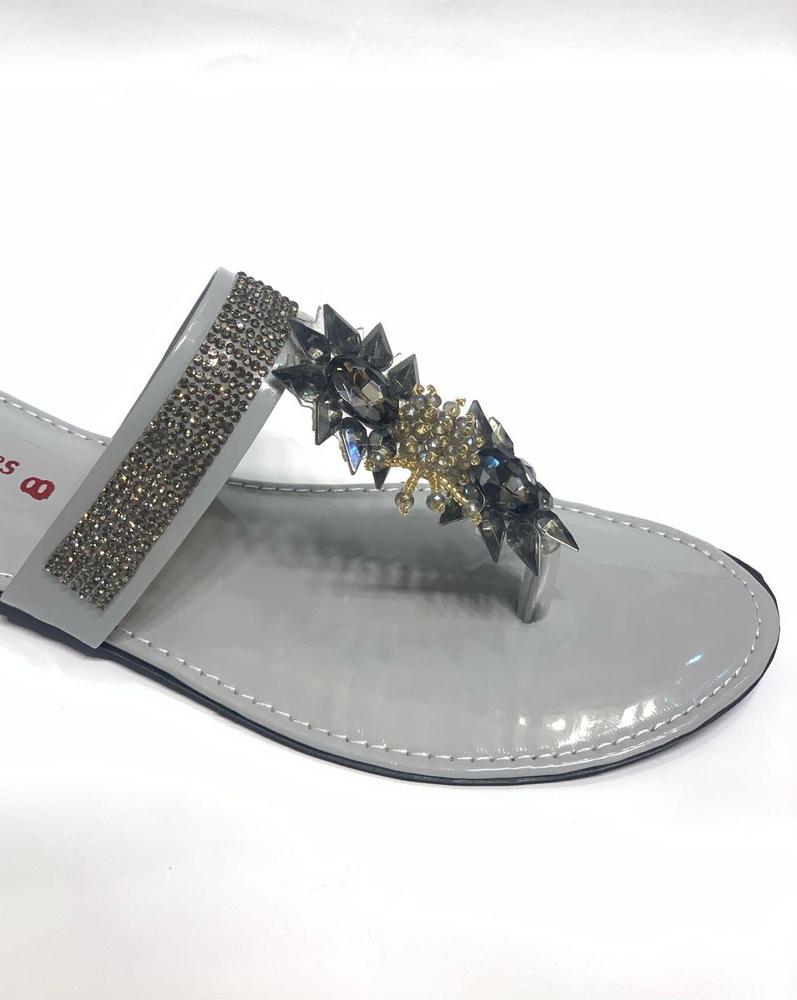 Women's Grey Rexine Flat Flats with Gemstones