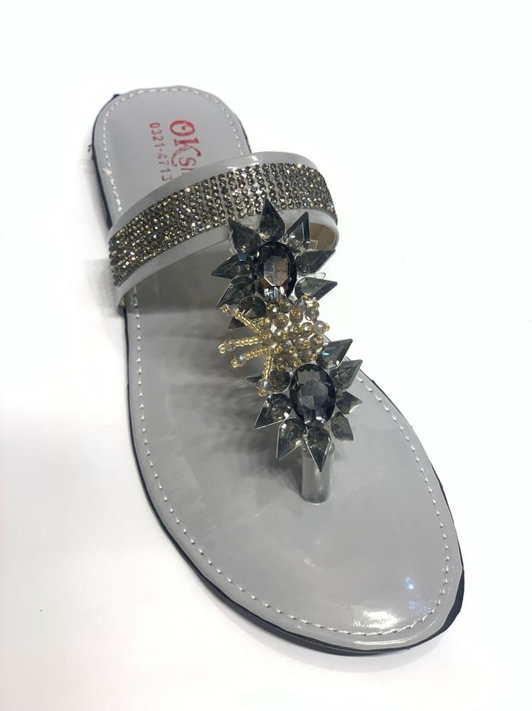 Women's Grey Rexine Flat Flats with Gemstones - Image 2