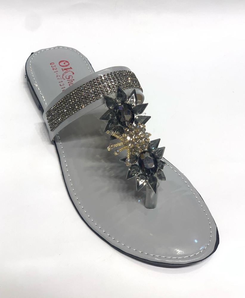 Women's Grey Rexine Flat Flats with Gemstones - Image 3