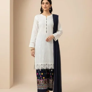 White Embroidered Kurta with Navy Paisley Trousers Set