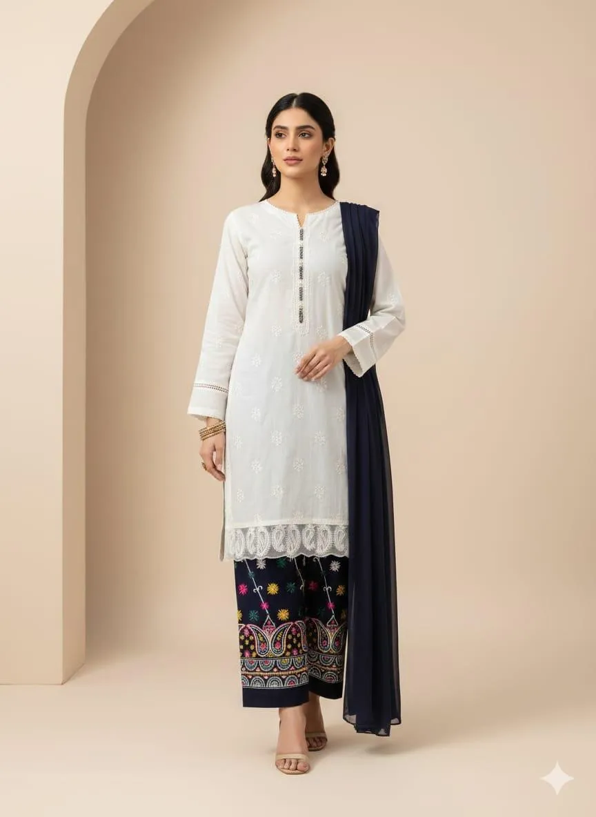 White Embroidered Kurta with Navy Paisley Trousers Set