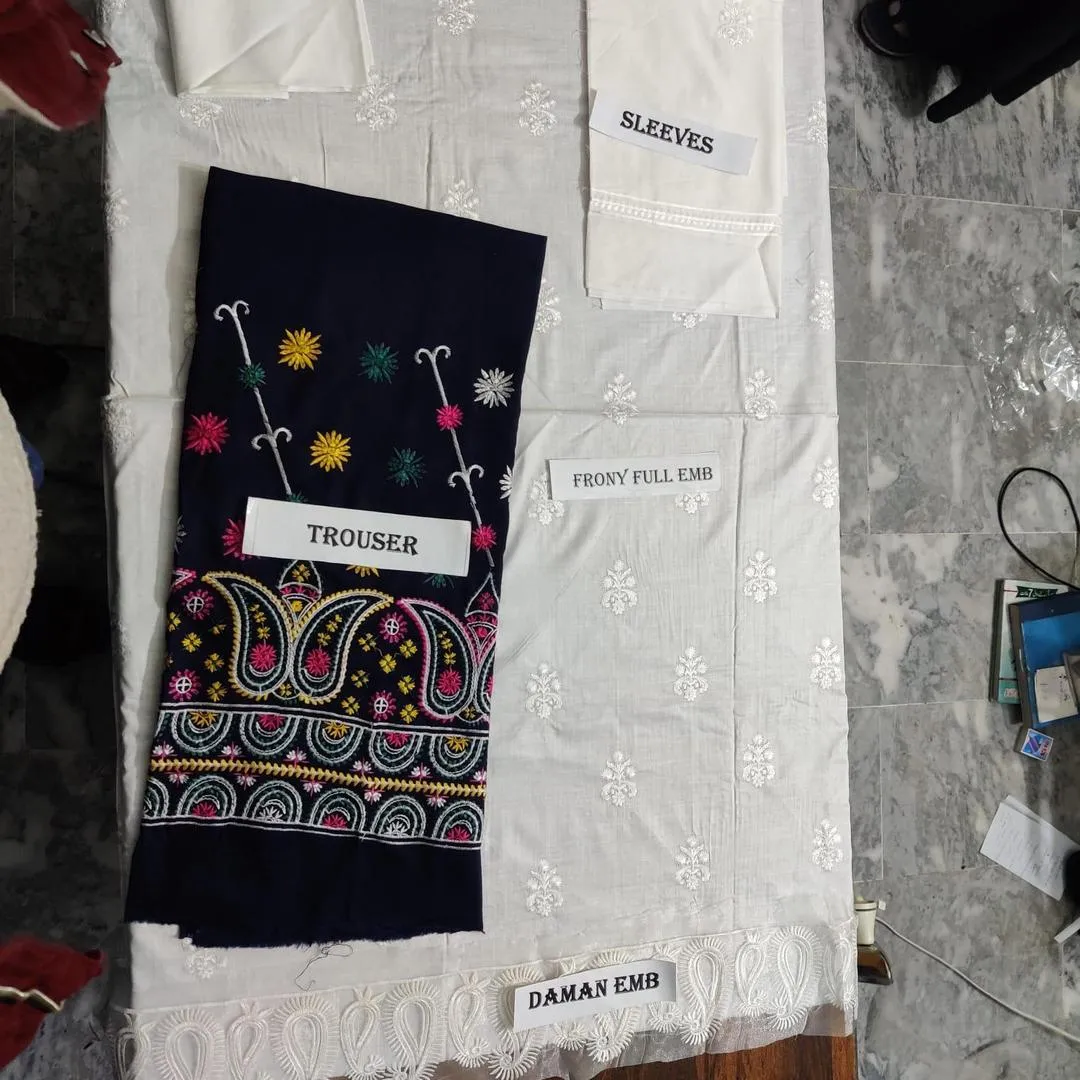 White Embroidered Kurta with Navy Paisley Trousers Set - Image 2