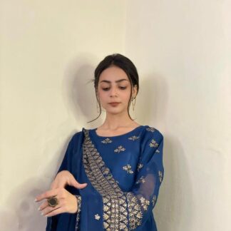 Royal Blue Chiffon Maxi Suit with Gold Embroidery for Women