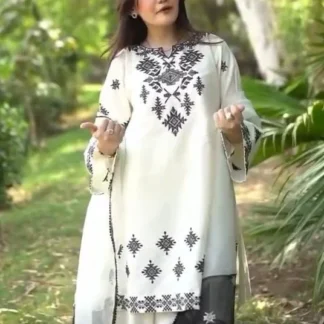 White Embroidered Women's 3-Piece Linen Suit Set
