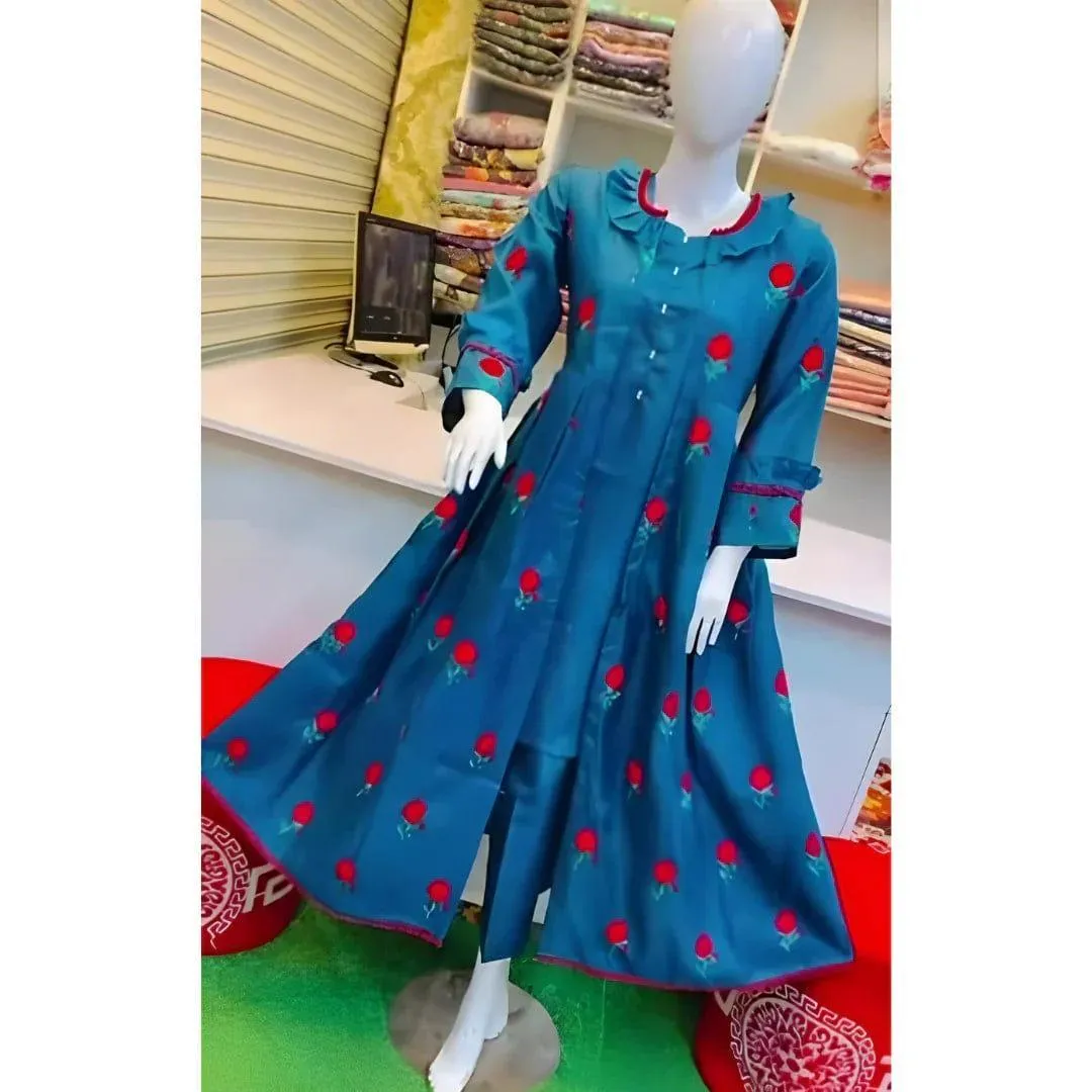 Women Blue Silk Embroidered 3 Pcs Suit