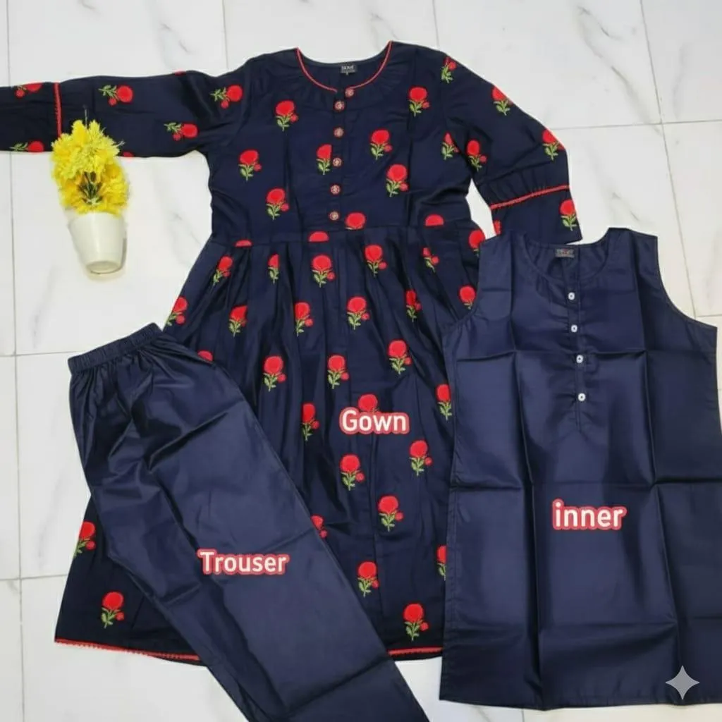 Women Blue Silk Embroidered 3 Pcs Suit - Image 3