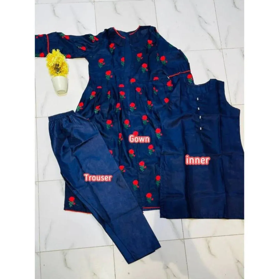 Women Blue Silk Embroidered 3 Pcs Suit - Image 4