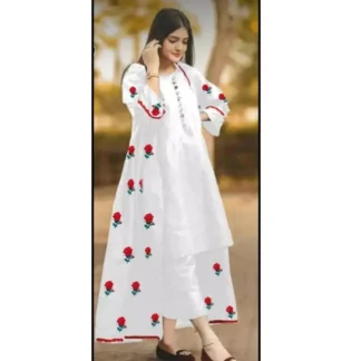 Women Silk Embroidered Kurta Trouser Set White