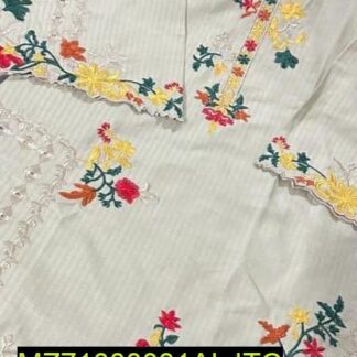 Women Linen Floral Embroidered Suit White