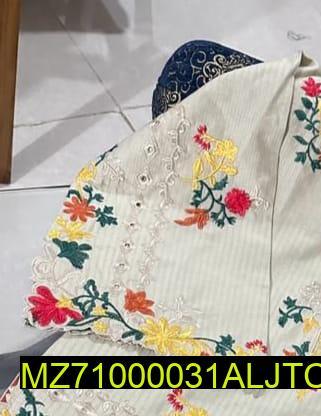 Women Linen Floral Embroidered Suit White - Image 3