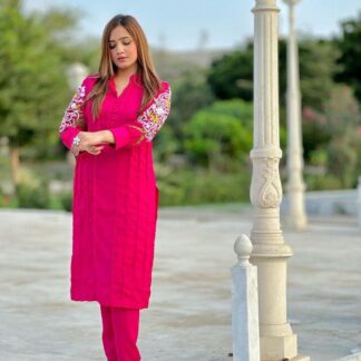Pink Embroidered Linen 2-Piece Suit for Women