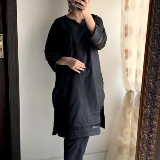 Women Cotton Lawn 2-Piece Black Set with Lace