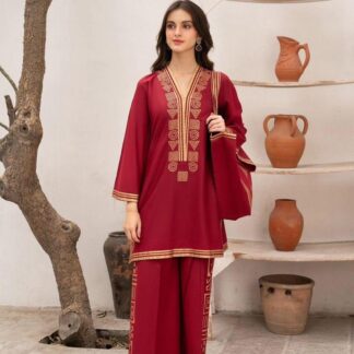 Red Printed Linen 2-Piece Kurta Set Medium to Large