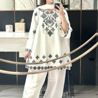 Women Linen Embroidered Shirt Trouser Set White 2Pcs Medium to XXL