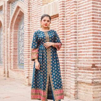 Blue Printed Katan Silk Maxi Set Party Wear
