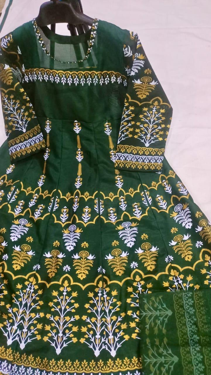 Teal Katan Silk Block Printed Maxi Suit 3-Piece Set - Image 2