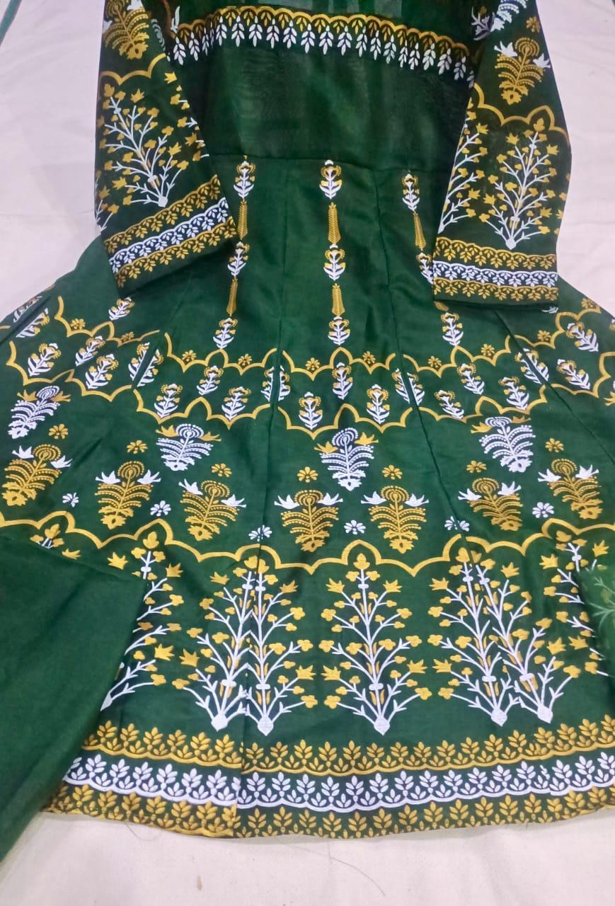 Teal Katan Silk Block Printed Maxi Suit 3-Piece Set - Image 3