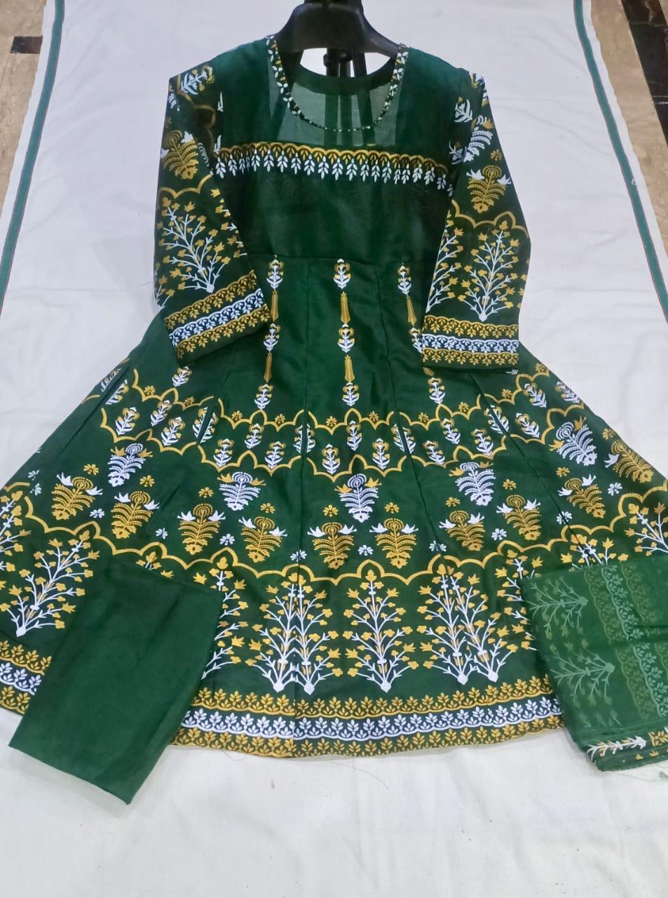 Teal Katan Silk Block Printed Maxi Suit 3-Piece Set - Image 4
