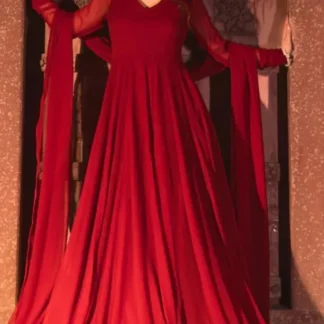 Women's Red Chiffon Stitched Maxi Suit with Dupatta & Trouser