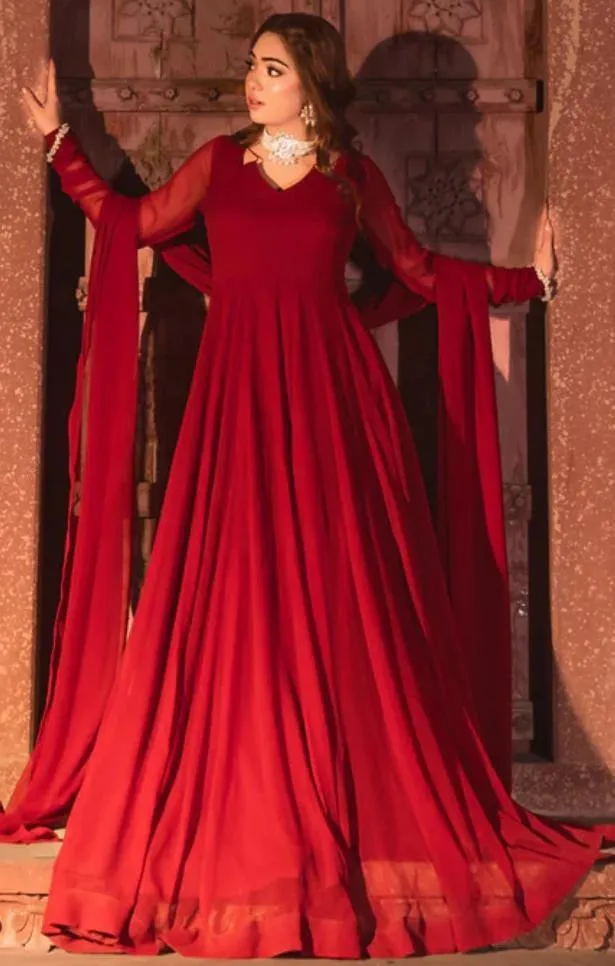 Women's Red Chiffon Stitched Maxi Suit with Dupatta & Trouser